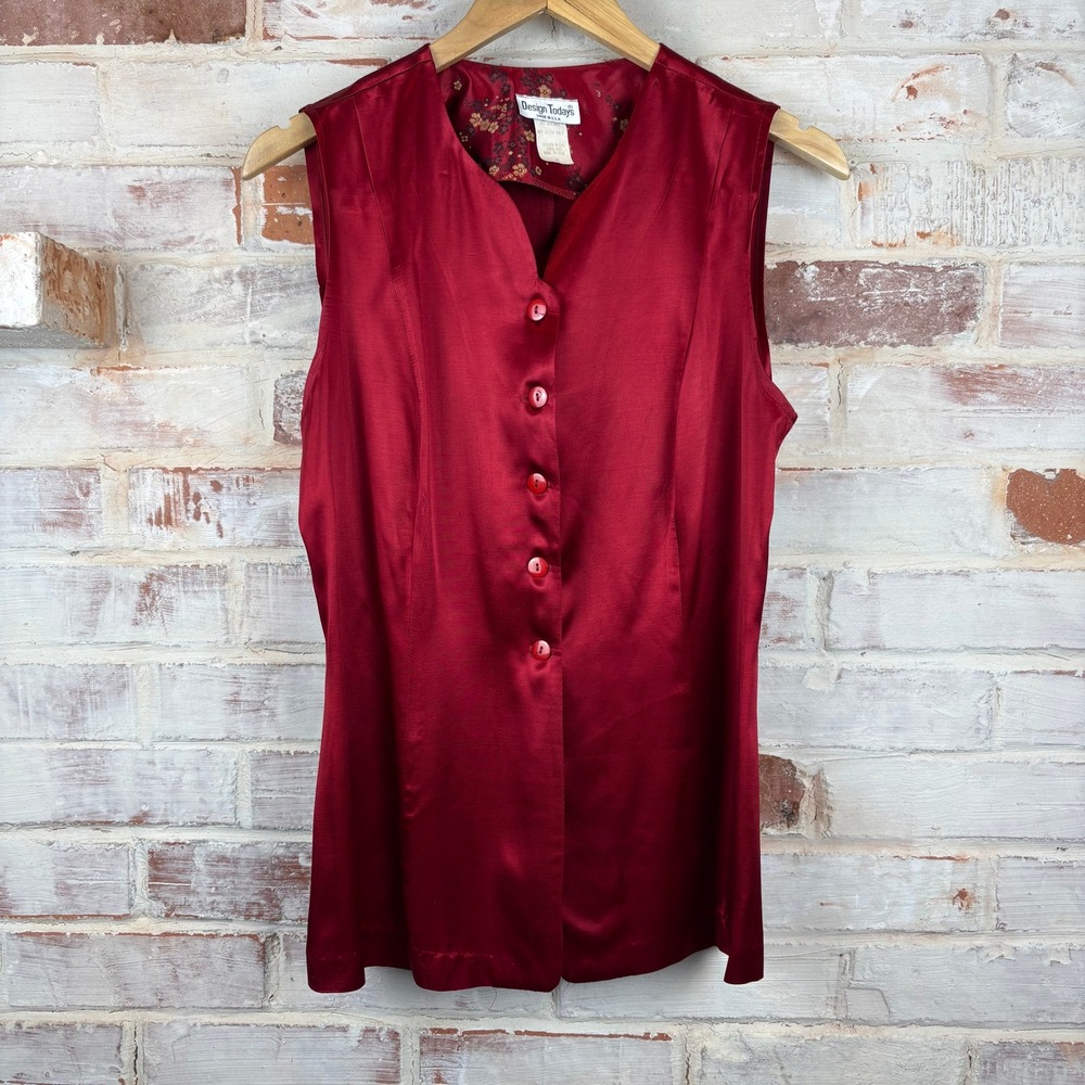 Vintage Design Today's Red Satin Vest Top Sleeveless USA Y2K Party Goth - Med